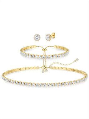 925 Sterling Silver Tennis Necklace Bracelet Earrings Set Gold Plated